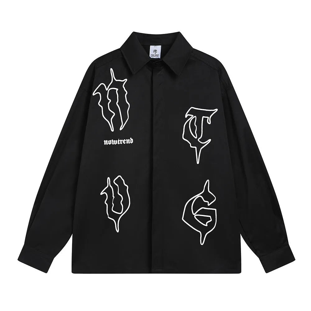 Gothic Letter Printed Long Sleeve Shirt Loose Casual Cardigan - Bellarte Enchanté Gothic Letter Printed Long Sleeve Shirt Loose Casual Cardigan